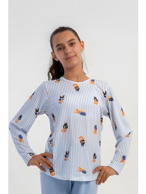 Obje Kız Çocuk Mavi Ayıcık Desen Likra Polyvıscon O Yaka Uzun Kol Pijama Üstü
