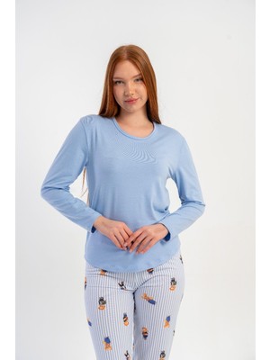 Obje Kadın Mavi Likra Polyvıscon O Yaka Uzun Kol Pijama Üstü