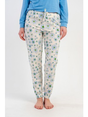 Obje Kadın Mavi Likra Polyvıscon Manşetli Pijama Altı