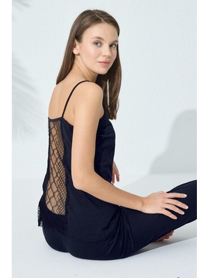 Siyah İnci Lacivert Pamuklu Ip Askılı Dantelli Pijama Takım