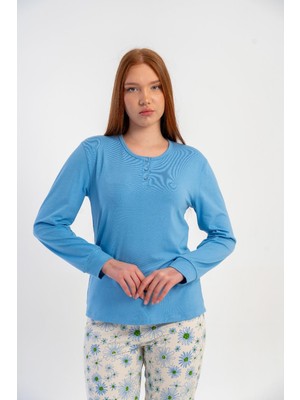 Obje Kadın Mavi Likra Polyvıscon Yakası Düğme Detaylı Pijama Üstü