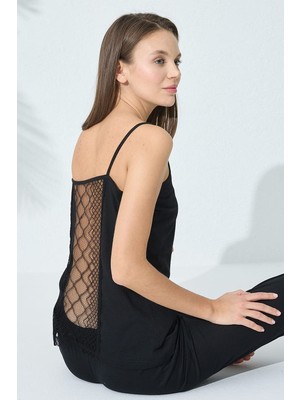 Siyah İnci Siyah Pamuklu Ip Askılı Dantelli Pijama Takım