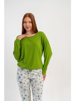 Obje Kadın Yeşil Likra Polyvıscon O Yaka Düşük Omuz Beli Büzgülü Pijama Üstü
