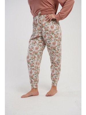 Obje Kadın Pembe Çiçek Desen Likra Polyvıscon Battal Manşetli Pijama Altı