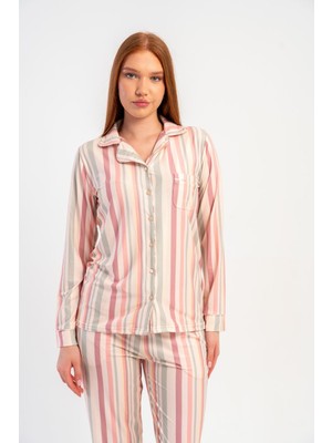 Obje Kadın Pembe Çizgili Marla Gömlek Yaka Tamamı Düğmeli Pijama Üstü