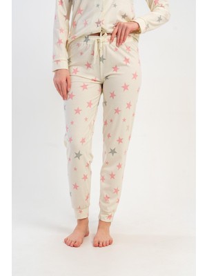 Obje Kadın Beyaz Likra Polyvıscon Manşetli Yıldız Desen Pijama Altı