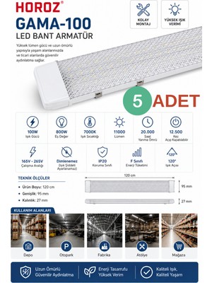 5 Adet Horoz GAMA-100 100W 120 cm LED Bant Armatür 11000 Lümen 7000K Beyaz Işık IP20