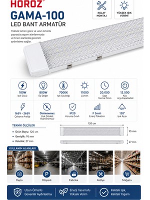 1 Adet Horoz GAMA-100 100W 120 cm LED Bant Armatür 11000 Lümen 7000K Beyaz Işık IP20