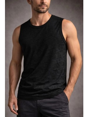 İlk El Grup Erkek Flamlı Kumaş Kolsuz Atlet Günlük Fitness Spor T-Shirt - Siyah