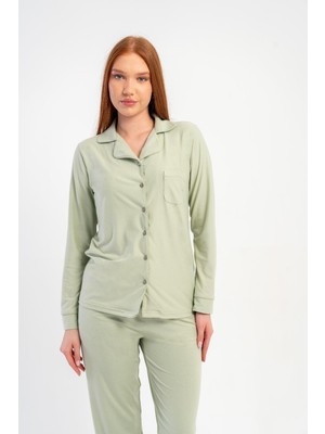 Obje Kadın Yeşil Marla Gömlek Yaka Düğmeli Pijama Üstü
