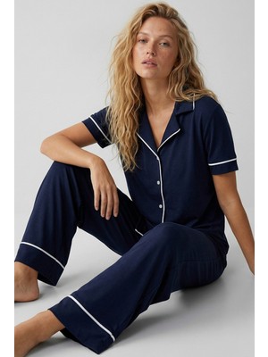 Siyah İnci Kadın Lacivert-Ekru Kısa Kollu Pamuklu Düğmeli Biyeli Pijama Takım