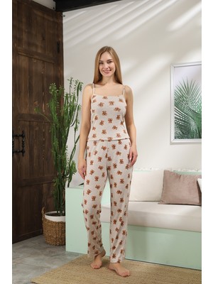 Obje Kadın Bejmelanj Ayı Baskılı Ribana Pijama Altı
