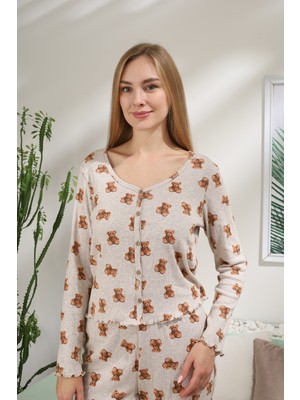 Obje Kadın Bejmelanj Ayı Baskılı Ribana Pijama Üstü