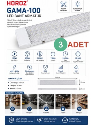 3 Adet Horoz GAMA-100 100W 120 cm LED Bant Armatür 11000 Lümen 7000K Beyaz Işık IP20
