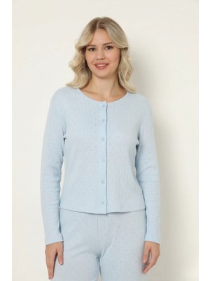 Obje Kadın Mavi Ribana Önden Düğmeli Pijama Üstü