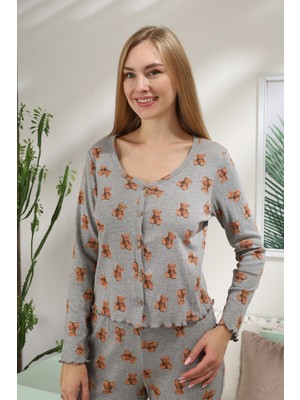 Obje Kadın Grimelanj Ayı Baskılı Ribana Pijama Üstü
