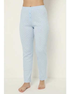 Obje Kadın Mavi Ribana Düğmeli Pijama Altı