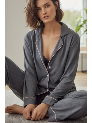 Siyah İnci Antrasit Somon Düğmeli Biyeli Pijama Takım