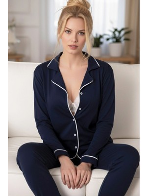 Siyah İnci Kadın Lacivert-Ekru Pamuklu Düğmeli Biyeli Pijama Takım