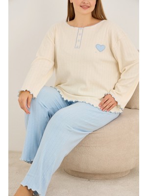 Siyah İnci Mavi Kalp Nakışlı Büyük Beden Örme Interlok Pijama TAKIM25228002