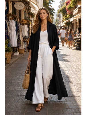 Eren Style Bohomiyan  Italyan Uzun Cepsiz Keten Kaftan & Kap (140-CM)