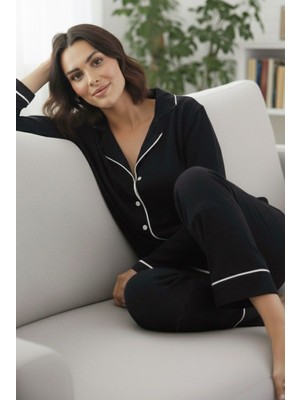 Siyah İnci Siyah-Beyaz Pamuklu Düğmeli Biyeli Pijama Takım