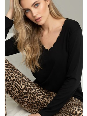 Siyah İnci Siyah Leopar Desenli Örme Pamuklu Pijama TAKIM25240276