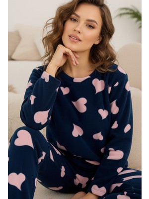 Siyah İnci Lacivert Pembe Kalp Desenli Polar Kışlık Örme Pijama Takım