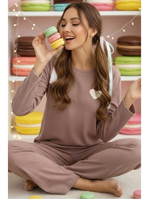 Siyah İnci Vizon Kalp Nakışlı Fitilli Yumuşak Tuşe Örme Pijama Takım
