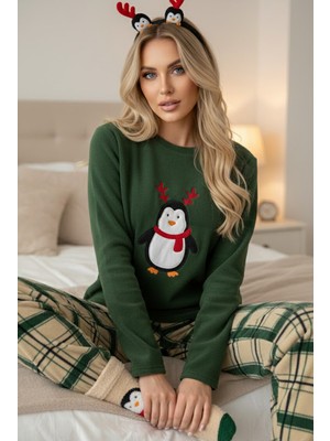 Siyah İnci Yeşil Ekose Desenli Nakışlı Polar Kışlık Örme Pijama Takım