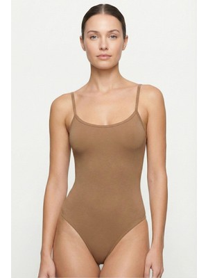 Obje Kadın Koyu Bej Cotton İp Askılı Çıtçıtlı Body