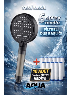 Aqua Sara 6 Fonksiyonlu Filtreli Duş Başlığı SİYAH (10 Adet Yedek Filtre) | Silikon Saplı, Su Arıtmalı, Klor ve Kireç Önleyici, Yüksek Basınçlı