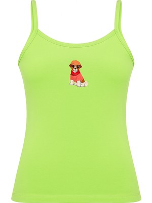 Obje Kadın Yeşil Köpek Desenli Likra Cotton Ip Askılı Atlet