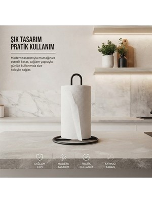 Riya Home Ev & Dekorasyon Siyah Metal Kağıt Havluluk Dik Havlu Peçetelik Standart ve Büyük Boy Rulo Uyumlu