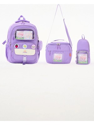 Roxbros Kawaii 3'lü Ilkokul Okul Çantası Seti Lila Kız Çocuk Beslenme Çantalı Kalemlikli