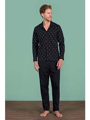 Obje Erkek Siyah Önden Düğmeli Pijama Takımı