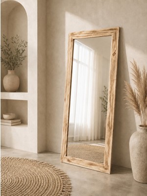 Dfn Wood Doğal Ahşap Dikdörtgen Dekoratif Duvar Salon Ofis Boy Aynası 140X60 cm