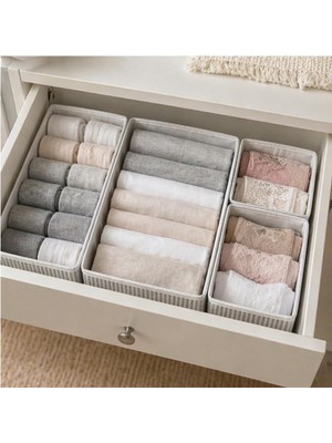 Starseven 4'lü Çekmece Düzenleyici Set, Gri Çizgili, Kumaş, L/m/s Boyutları, Valiz Dolap Organizeri