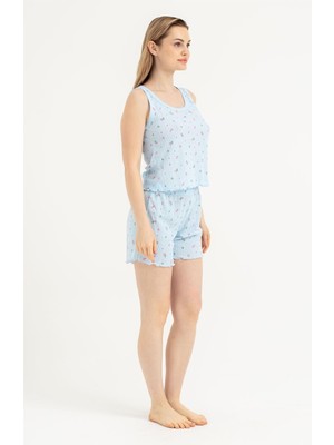 Obje Kadın Mavi Kuş Desen Trasferli Ribana Atlet
