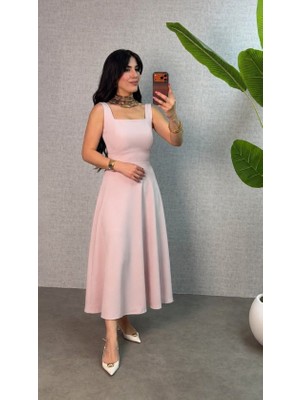 Gökyüzü Moda Kadın Askılı Kare Yakalı Bel Arkasından Bağlama Detaylı Uzun Yerli Krep Elbise