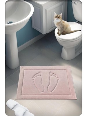 Cottoncrafty %100 Pamuk Dokuma Su Emici Banyo Paspası Ayak Desen 60X40 cm (Pudra)