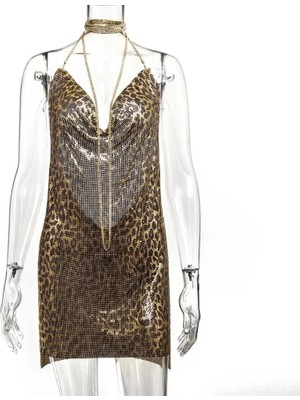 Çamaşır Kenti Kadın Leopard  Zincir Askılı Parlak Taşlı Gece Elbisesi Sırt Dekolteli Mini Parti Elbisesi Clubwear,parti Club Elbisesi