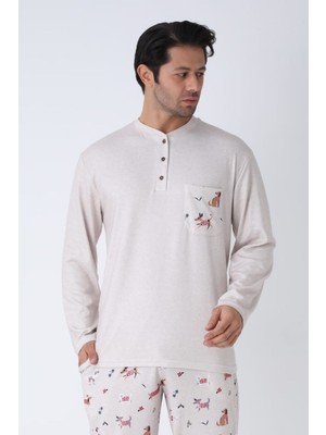 Obje Erkek Bej Bisiklet Yaka Pijama Üstü