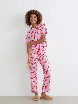 Lc Waikiki Yeni Sezon Bisiklet Yaka Desenli Kadın Pijama Takımı