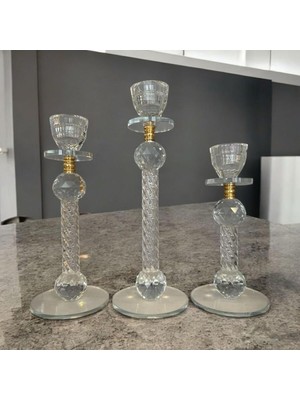 Peramari Dekoratif Kristal Cam Üçlü Ince Uzun Metal Şamdan Gold Beyaz 27X7X22
