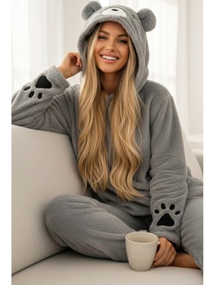 Siyah İnci Kapişonlu Nakışlı Wellsoft Kışlık Örme Pijama Takım