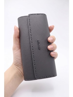 Hakiki Dana Derisi Telefon Bölmeli Mıknatıs Kapaklı Kadın Cüzdan Kartlık (19X9,5 Cm) - Gri