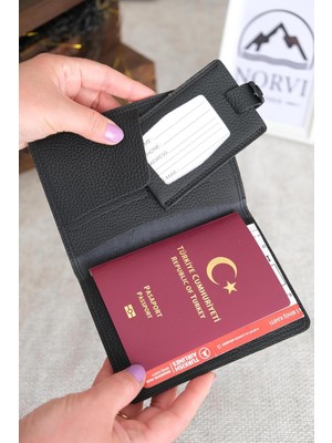 Norvi Leather Hakiki Deri Pasaport Kılıfı ve Valiz Etiketi Siyah 1118 Siyah