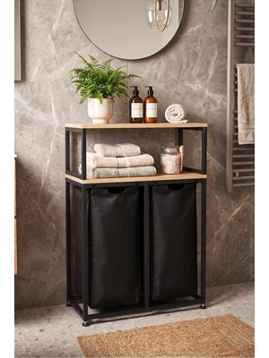 Miyuhome Metal Kızaklı Çamaşır Sepeti 2X40 Lt Kirli Sepeti Raflı Banyo Dolabı Büyük Boy 2 K