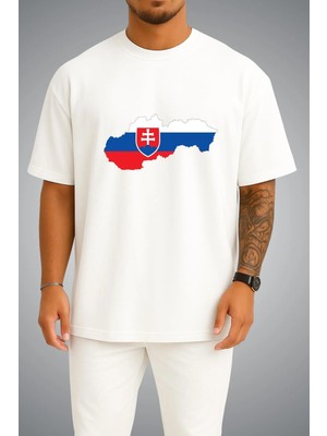 Bahriyeli Collection Oversize Slovakya Bayrağı ve Haritası Göğüs Baskılı Unisex T-Shirt